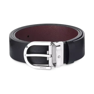 Hestesko-spænde med sort/mosto-print 35 mm vendbart læderbælte