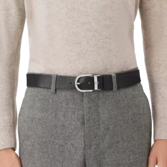 Hestesko-spænde med sort/mosto-print 35 mm vendbart læderbælte