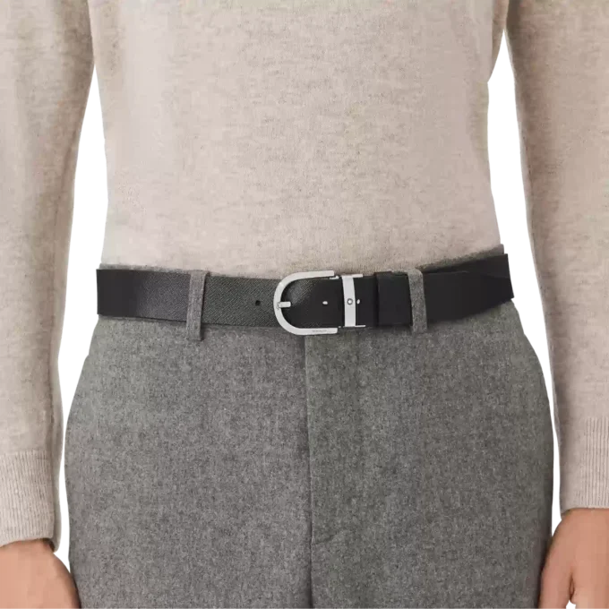 Hestesko-spænde med sort/mosto-print 35 mm vendbart læderbælte