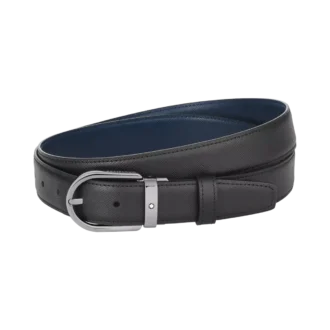 Hestesko-spænde sort/blå 30 mm vendbart læderbælte