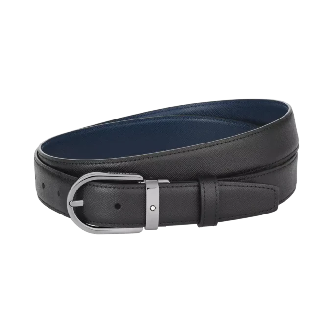 Hestesko-spænde sort/blå 30 mm vendbart læderbælte