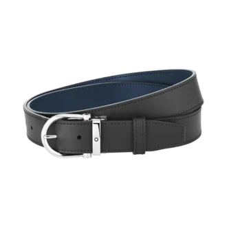 Hestesko-spænde sort/blå 35 mm vendbart læderbælte