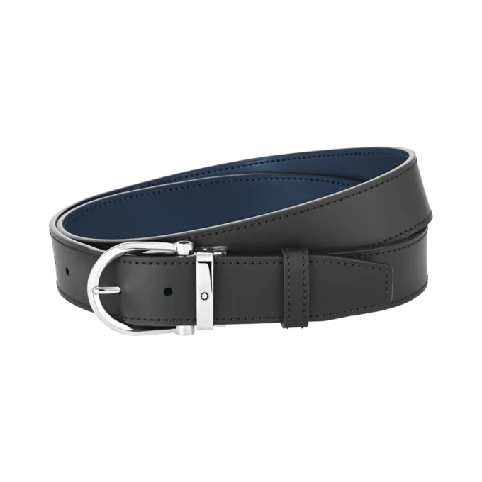 Hestesko-spænde sort/blå 35 mm vendbart læderbælte