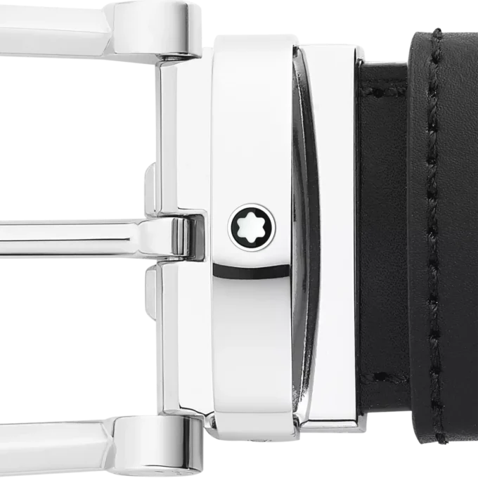 Hestesko-spænde sort/blå 35 mm vendbart læderbælte