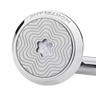 Manchetknapper, runde i rustfrit stål med eksploderende stjernemønster og perlemorssneemblem