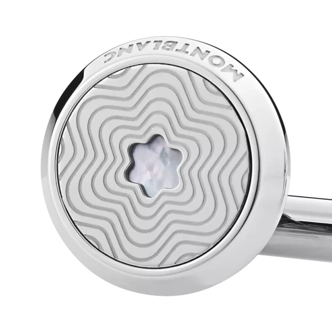 Manchetknapper, runde i rustfrit stål med eksploderende stjernemønster og perlemorssneemblem