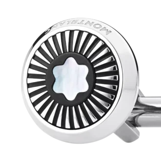 Manchetknapper, runde i rustfrit stål med strålemønster og perlemor-snebold-emblem