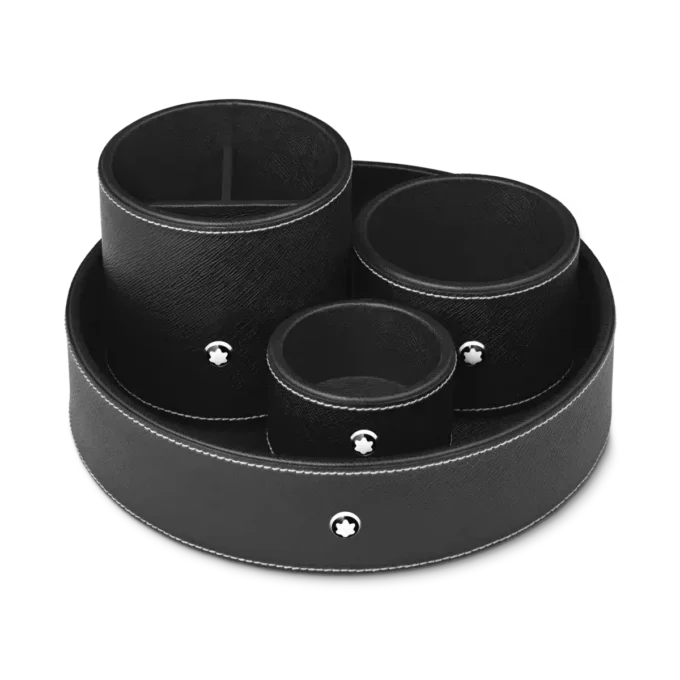 Rund skrivebordsbakke i sort læder (lille)