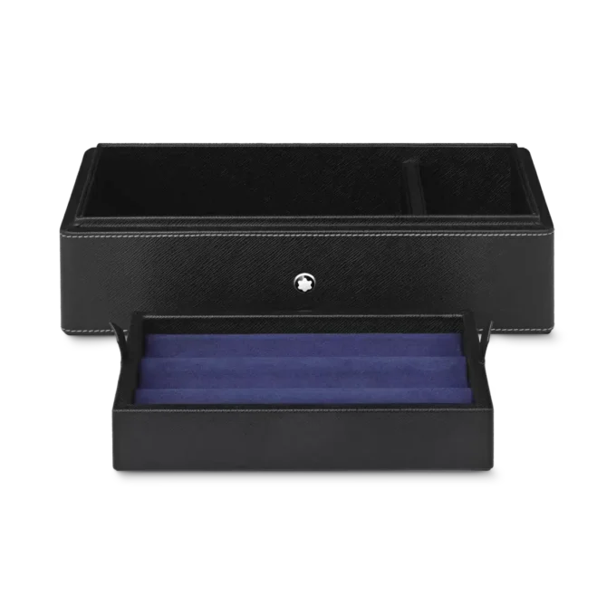 Skrivebordsæske i læder til tre skriveinstrumenter og en blækflaske