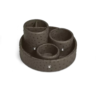 Stor rund skrivebordsbakke i strudselæder med prægning